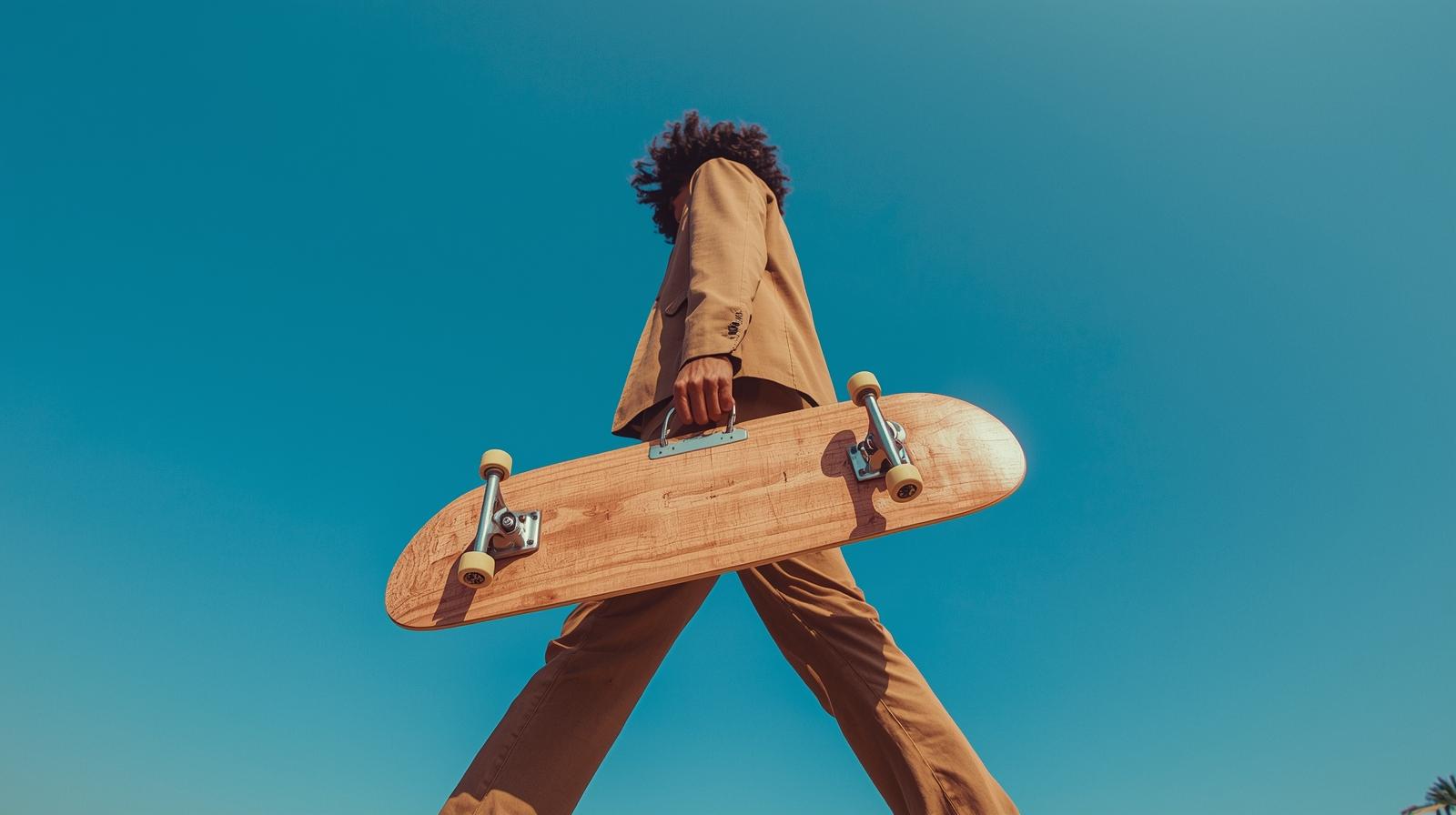 Skateboarder carrying skateboard like briefcase